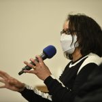 an audience member asks a question