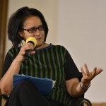 Ethel Matala de Mazza speaks into the mic