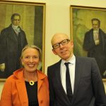 Bude and Frevert pose before the portraits of the Humboldt brothers