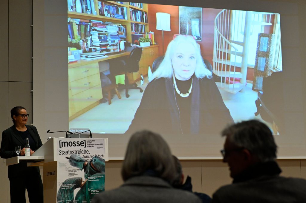 Scheppele addresses the audience remoately