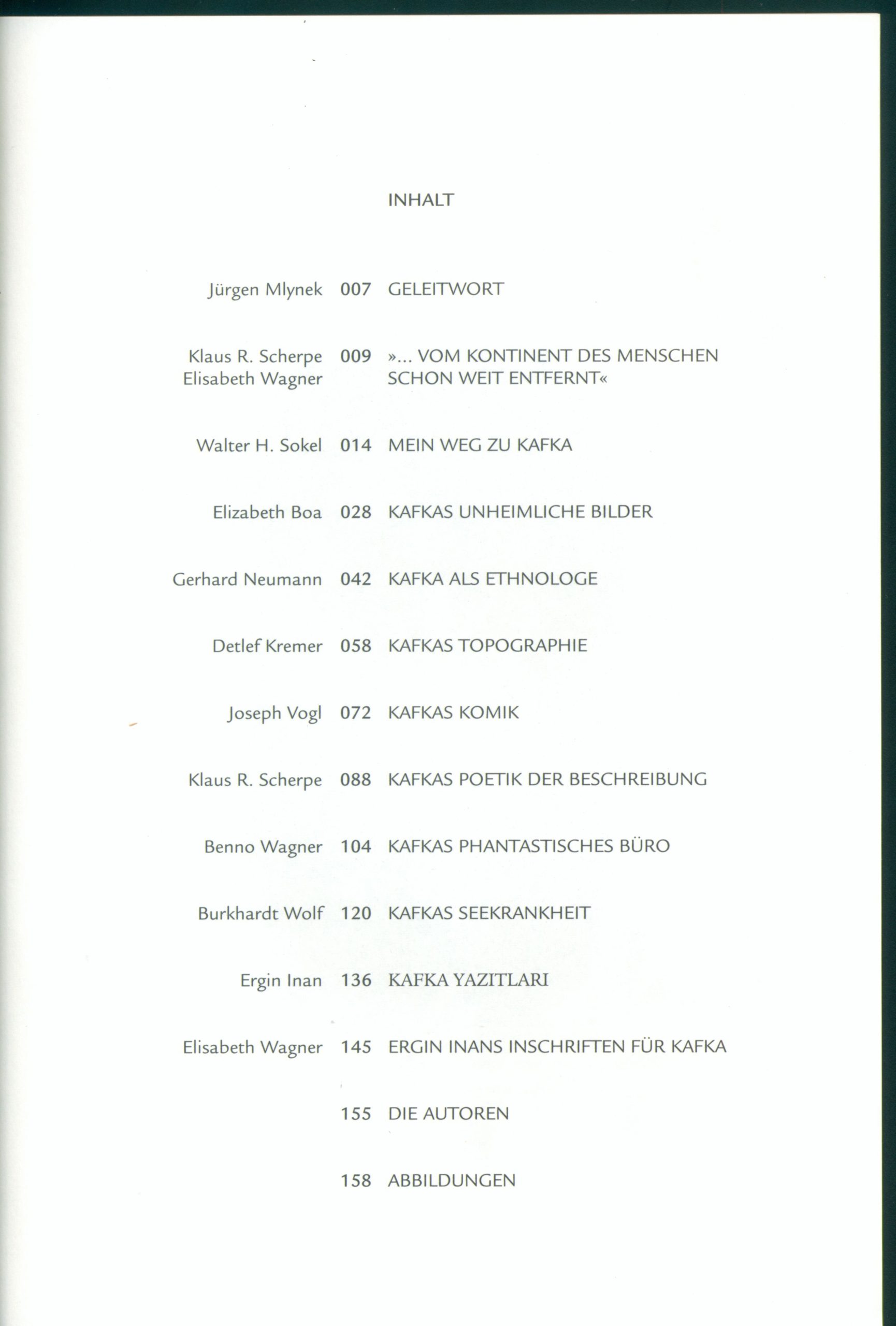 Table of Contents for Kontinent Kafka book