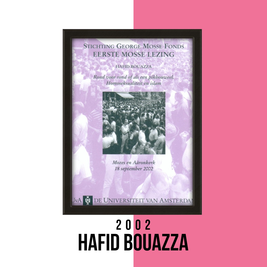 In 2002, writer, essayist, and translator Hafid Bouazza delivered the Mosse Lecture in the Mozes en Aäronkerk in Amsterdam. The title was “Round for Round, or Like a Pink Pickaxe: Homosexuality and Islam.” With this lecture, Bouazza placed homosexuality and Islam within a longer literary and historical tradition.