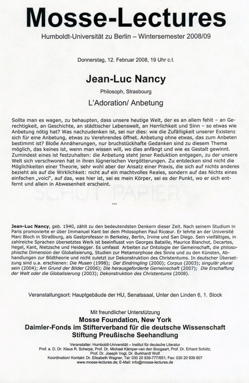 Mosse-Lectures promo poster for Jean-Luc Nancy