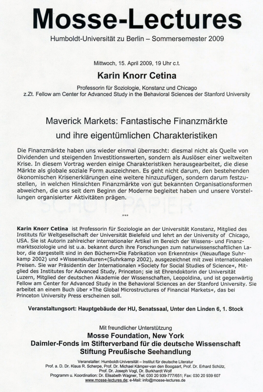 Karin Knorr Cetina, "Maverick Markets: Fantastische Finanzmärkte und ihre eigentümlichen Charakteristiken" / "Maverick Markets: Fantastic Financial Markets and their Peculiar Characteristics" promo poster
