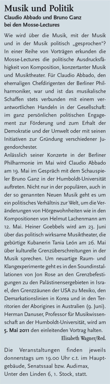 Humboldt: Die Zeitung der Alma Mater Berolinensis 55, Ausgabe 6 (21 April 2011), 8.