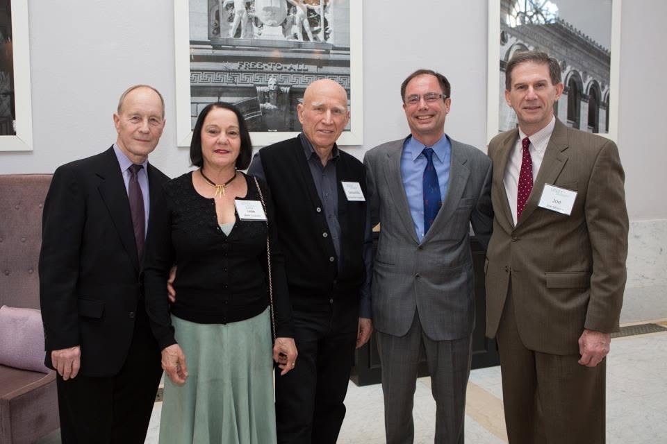 (l to r) Stan Trecker, Dean of Lesley's Art Institute of Boston, with Lélia Wanick Salgado, Sebastião Salgado, Lesley Trustee Hans Strauch, and Lesley President Joseph Moore.