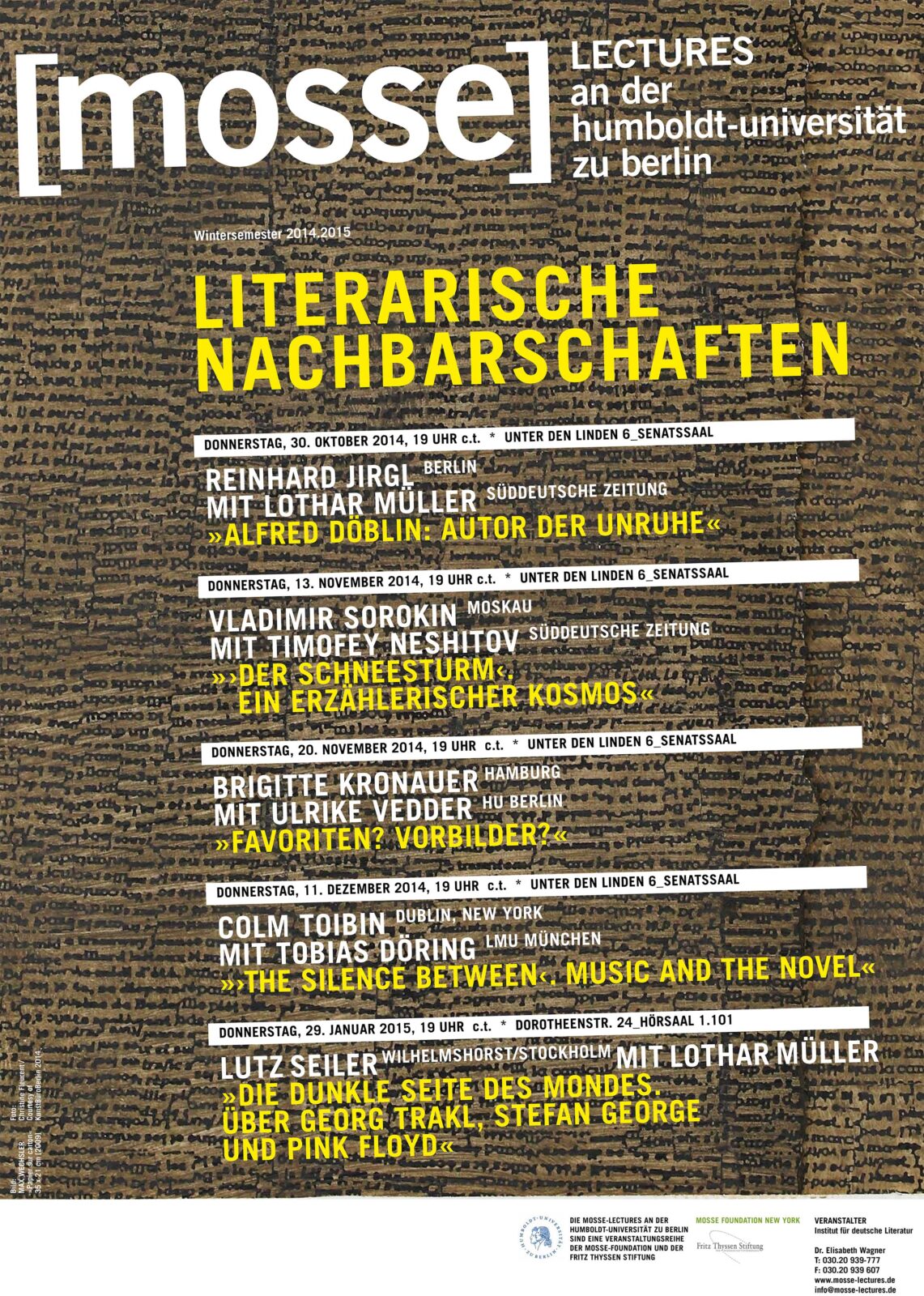 Lothar Müller, Klaus R. Scherpe, ed. Literarische Nachbarschaften. Mosse-Lectures an der Humboldt-Universität zu Berlin (Berlin: Humboldt Universität zu Berlin, 2016) flyer