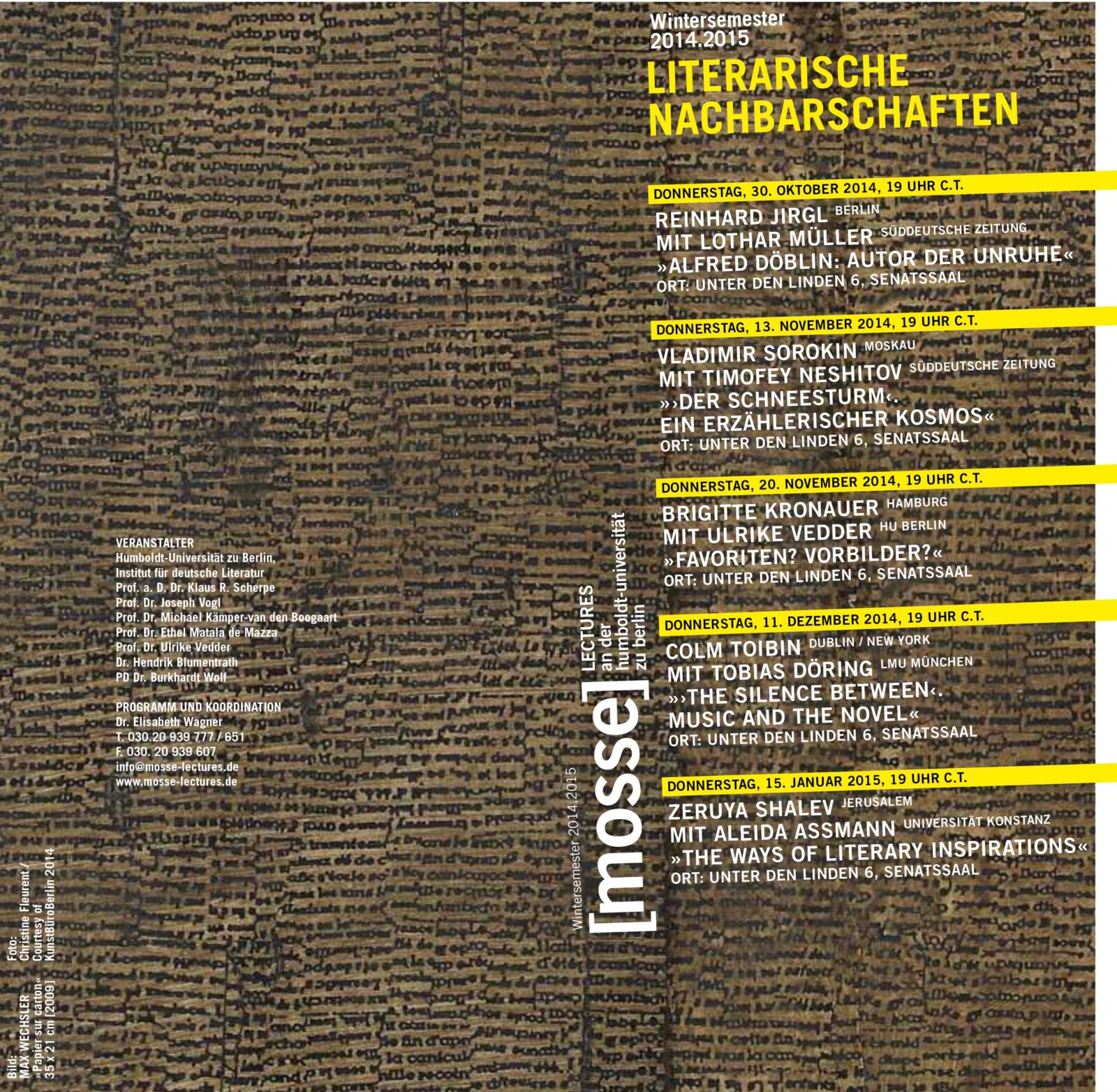 Lothar Müller, Klaus R. Scherpe, ed. Literarische Nachbarschaften. Mosse-Lectures an der Humboldt-Universität zu Berlin (Berlin: Humboldt Universität zu Berlin, 2016) flyer