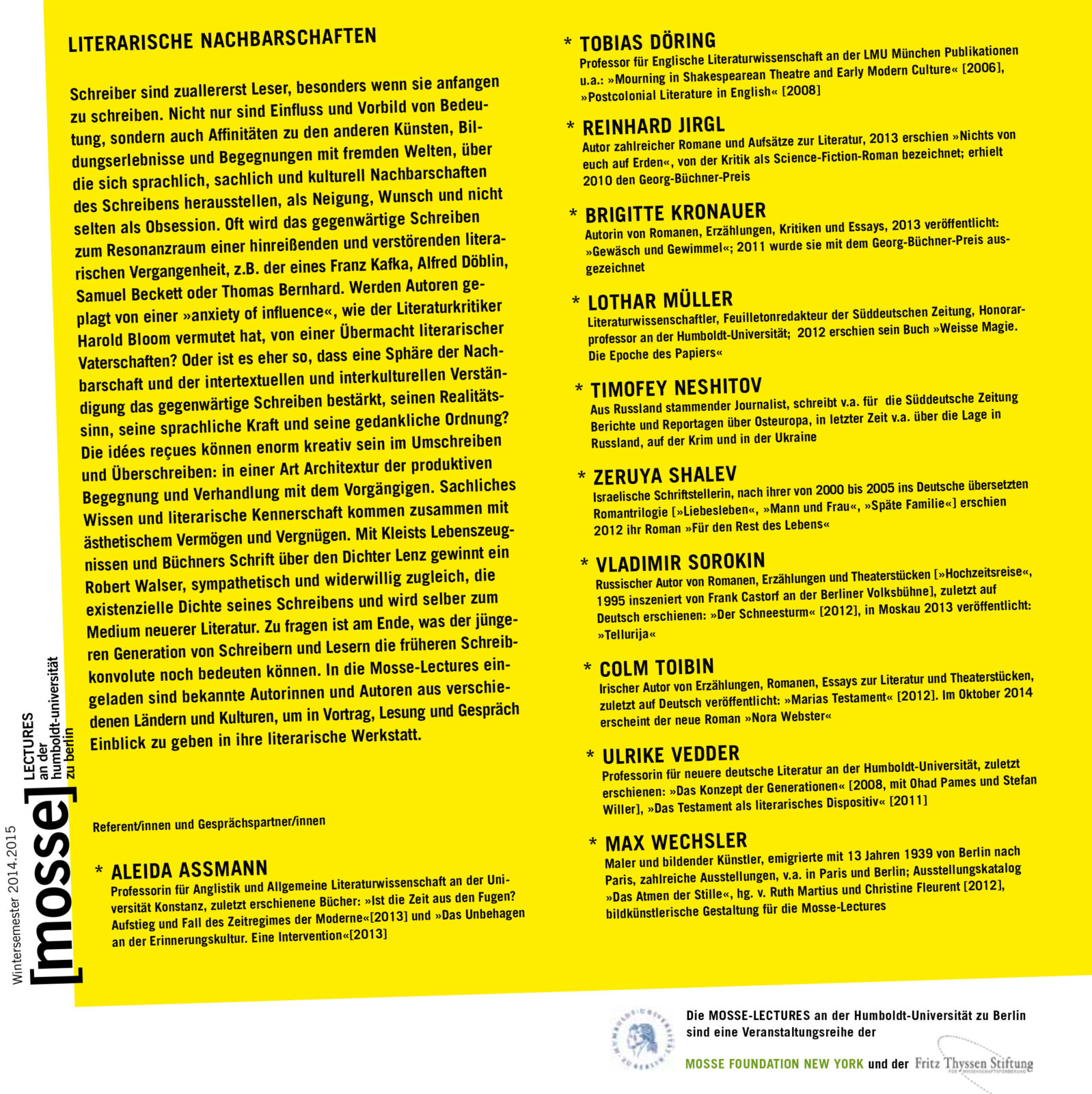 Lothar Müller, Klaus R. Scherpe, ed. Literarische Nachbarschaften. Mosse-Lectures an der Humboldt-Universität zu Berlin (Berlin: Humboldt Universität zu Berlin, 2016) flyer