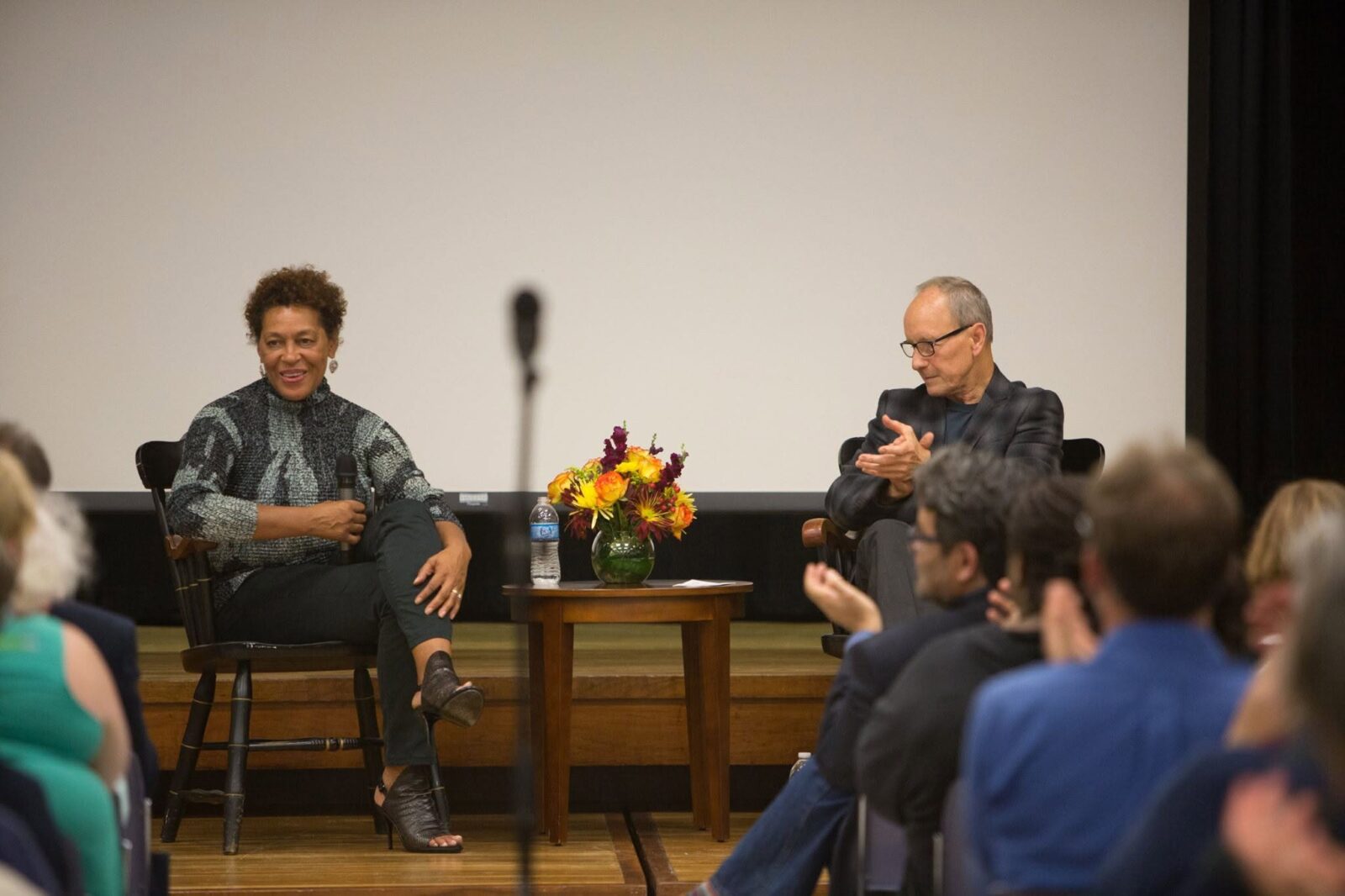 Lesley University Dean Emeritus Stan Trecker (right) led a Q&A session at the conclusion of Weems’s lecture.