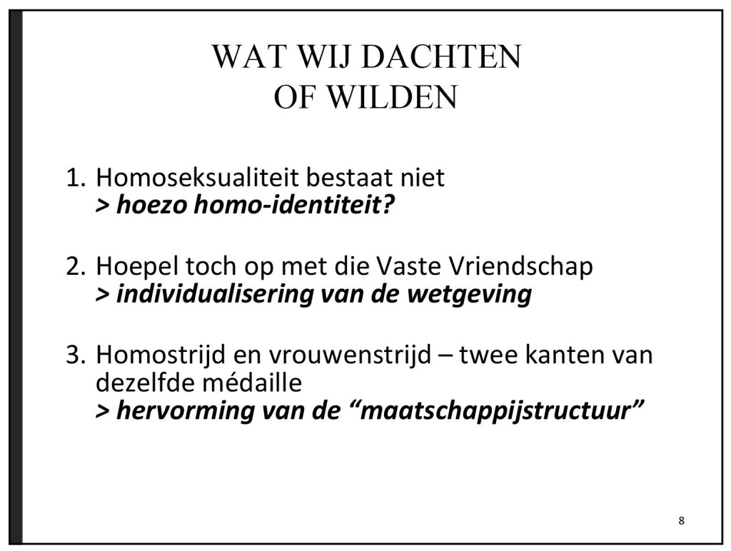 WHAT WE THOUGHT OR WANTED1. Homosexuality does not exist > what do you mean by gay identity? 2. Get rid of that Permanent Friendship > individualization of legislation 3. Gay and women's struggles – two sides of the same coin > reform of the “social structure"
