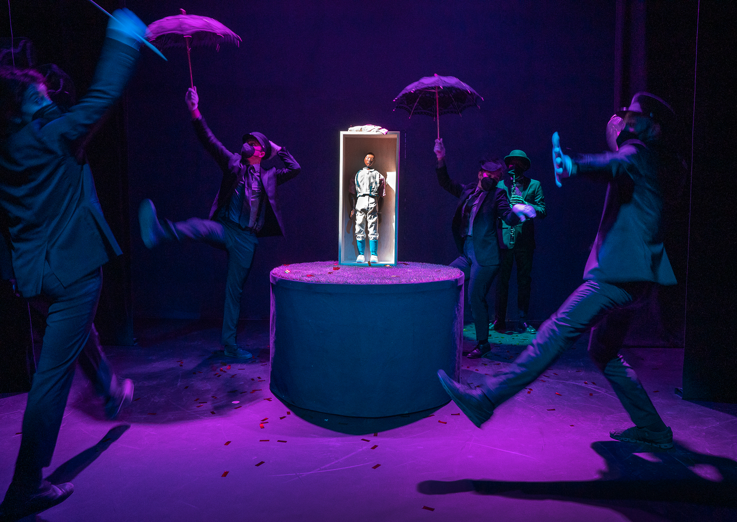 Photo: FLY AWAYco-created by Derek Fordjour and Nick Lehane Puppeteers: Emma Wiseman, Rowan Magee, and Andy Manjuck with the addition of Dorothy Jamesan; original score performed by oboist Hassan Anderson Derek Fordjour presents a twice-daily performance as part of his exhibition SELF MUST DIE at Petzel Gallery. photographed: Tuesday, November 17, 2020; 2:00 PM at Petzel Gallery 456 West 18th Street New York, NY; Photograph: © 2020 RICHARD TERMINE PHOTO CREDIT - RICHARD TERMINE
