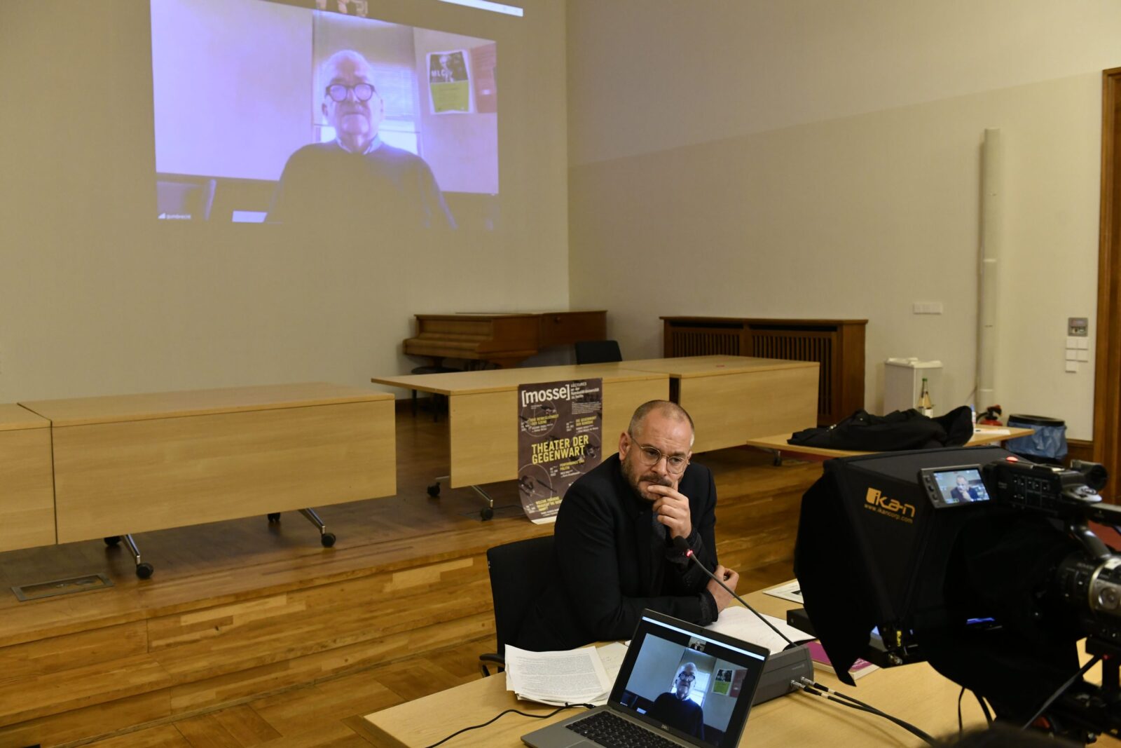 Jonas Lüscher, with Gumbrecht speaking virtually in the background