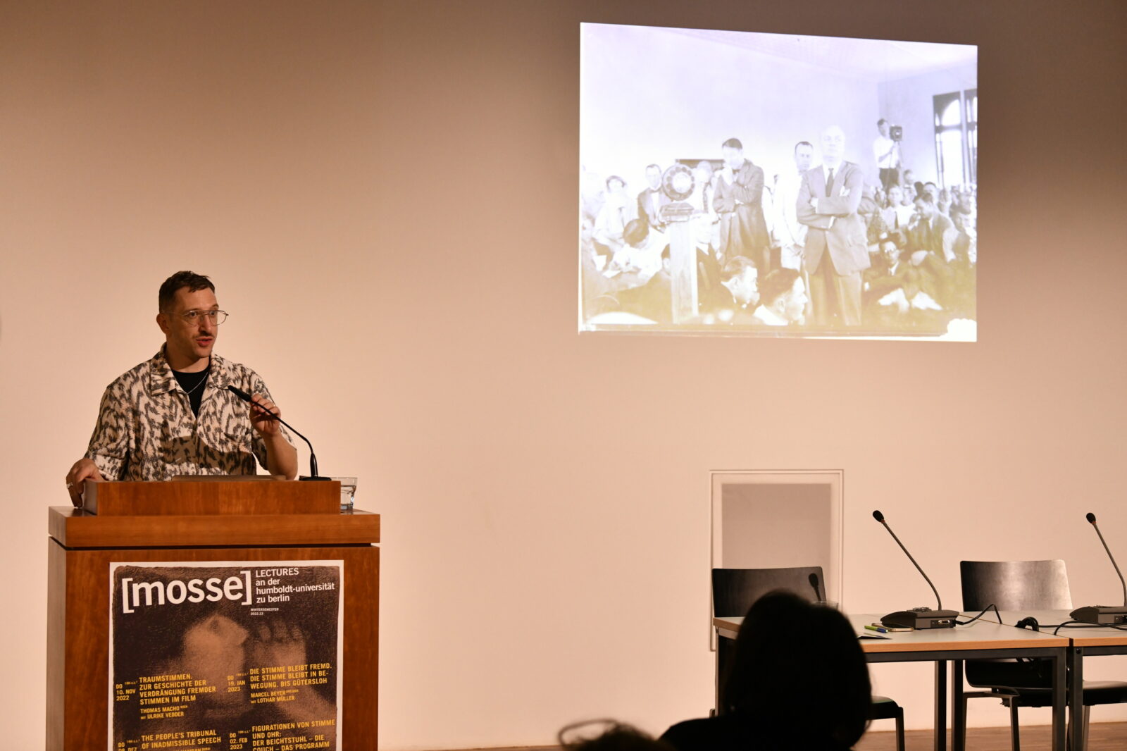 Lawrence Abu Hamdan delivering his lecture