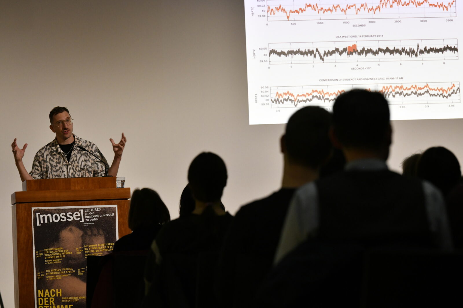 Lawrence Abu Hamdan delivering his lecture