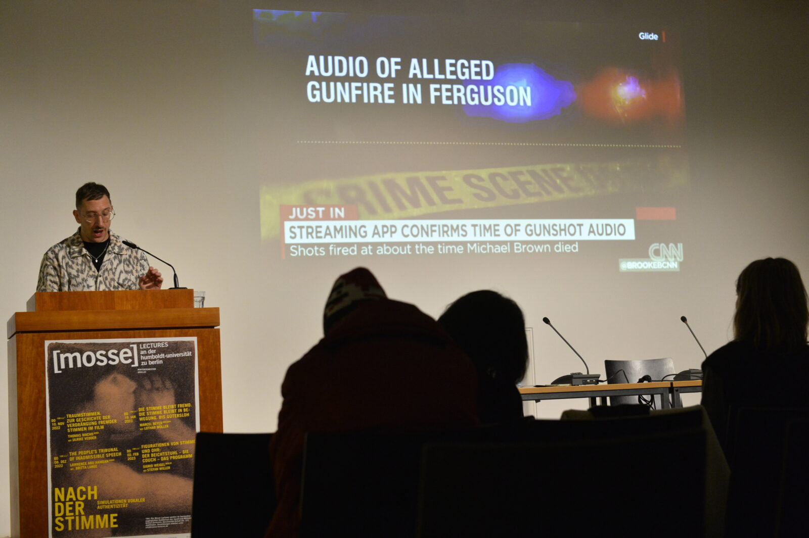 Lawrence Abu Hamdan delivering his lecture