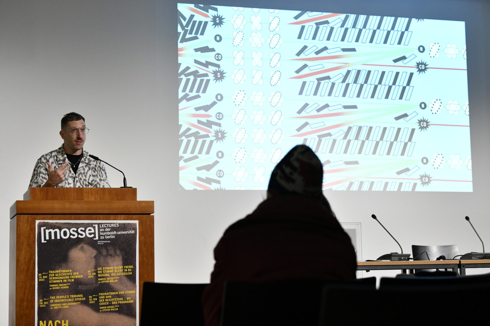 Lawrence Abu Hamdan delivering his lecture
