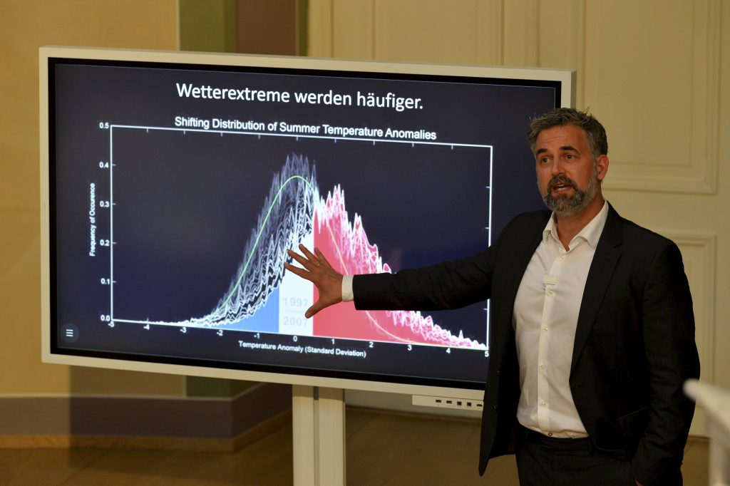 Levermann delivering his lecture, in front of a graphic showing weather extremes becoming more common