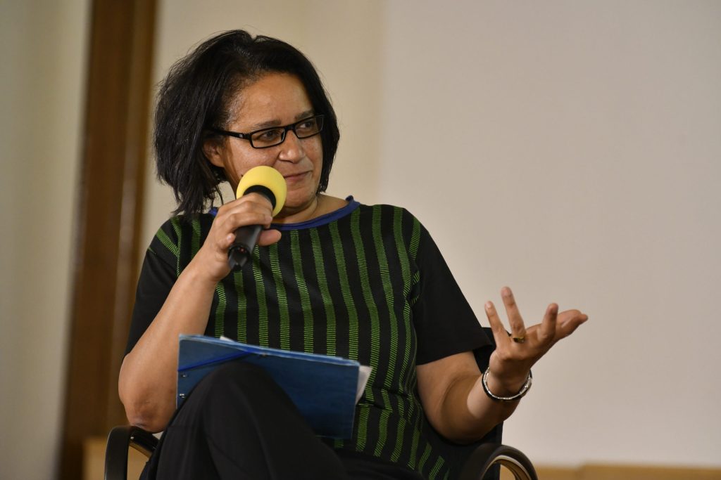 Ethel Matala de Mazza speaks into the mic