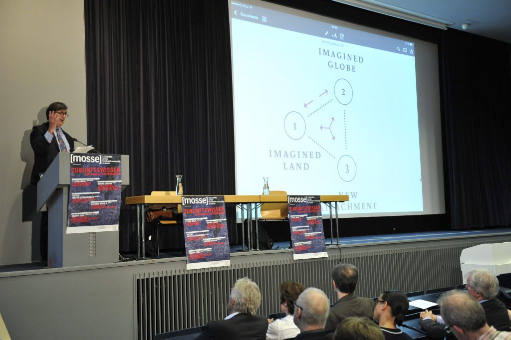 Bruno Latour lectures from the podium