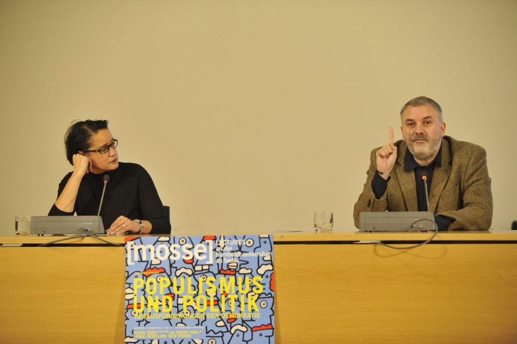 Stavrakakis and de Mazza addressing the audience