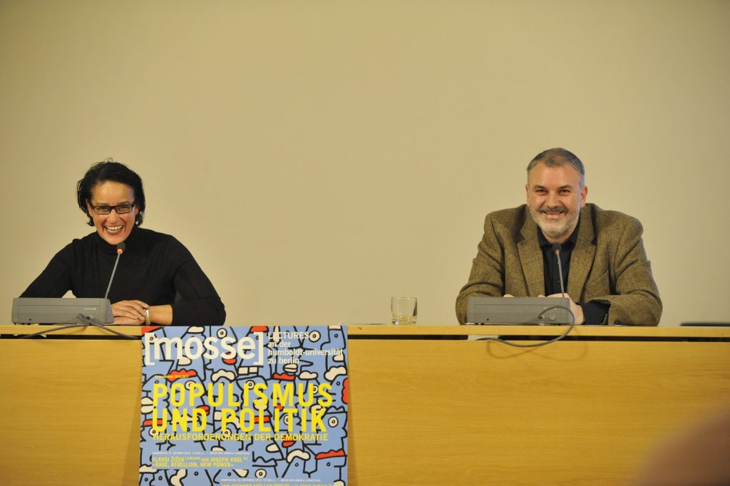 Stavrakakis and de Mazza addressing the audience