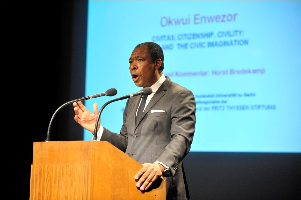 Enwezor lectures from the podium
